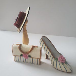 Miniature Collectibles 4pcs Hat w/ Stand + Shoe + Clutch Handbag Hand Painted